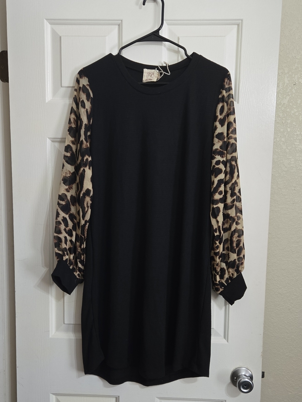 Black Shift Dress with Leopard-Print Long Sleeves